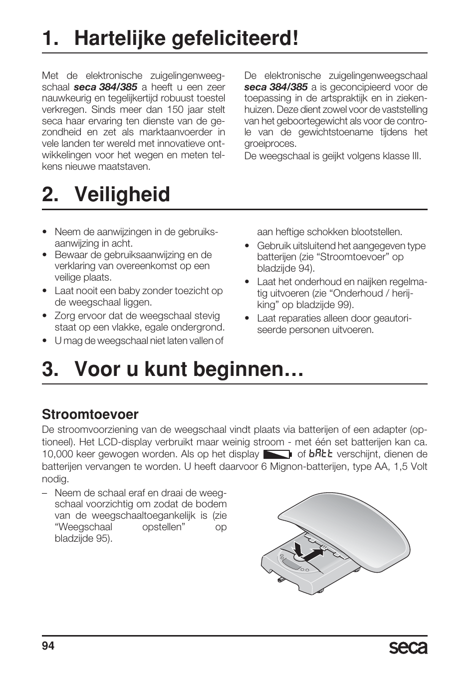 Hartelijke gefeliciteerd, Veiligheid, Voor u kunt beginnen | Stroomtoevoer | Seca 385 User Manual | Page 94 / 136