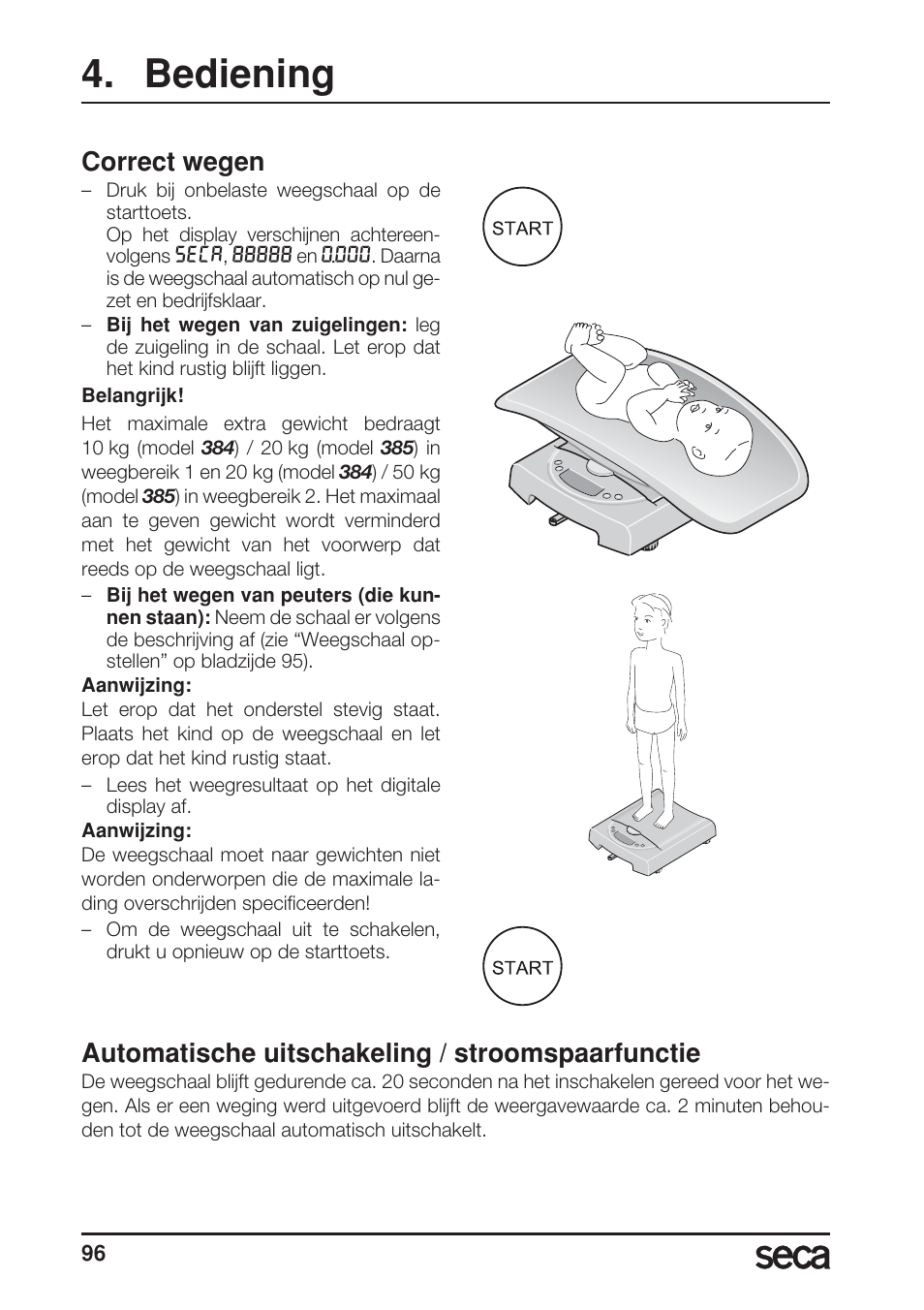 Bediening, Correct wegen, Automatische uitschakeling / stroomspaarfunctie | Seca 385 User Manual | Page 96 / 136