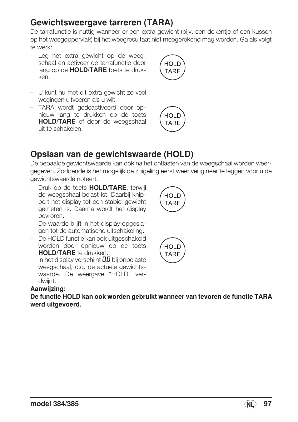 Gewichtsweergave tarreren (tara), Opslaan van de gewichtswaarde (hold) | Seca 385 User Manual | Page 97 / 136