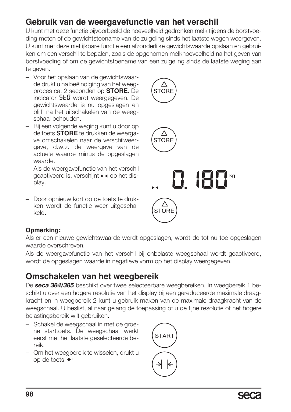 Gebruik van de weergavefunctie van het verschil, Omschakelen van het weegbereik | Seca 385 User Manual | Page 98 / 136