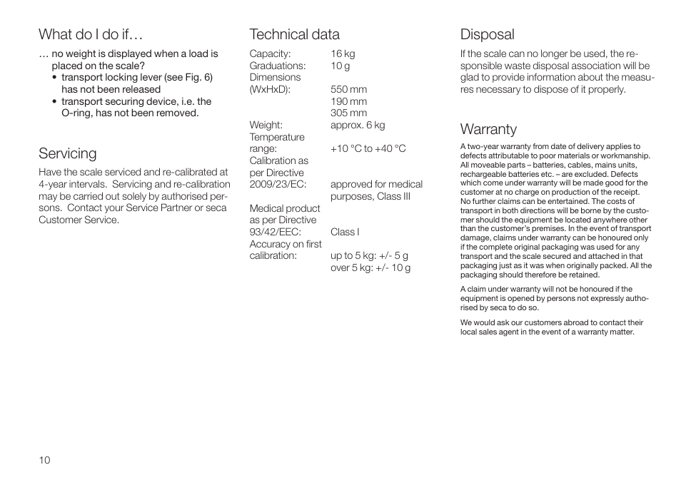 What do i do if, Servicing, Disposal | Warranty, Technical data | Seca 745 User Manual | Page 10 / 56