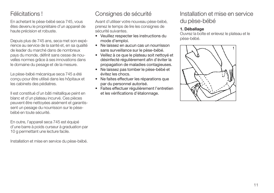 Félicitations, Installation et mise en service du pèse-bébé, Consignes de sécurité | Seca 745 User Manual | Page 11 / 56