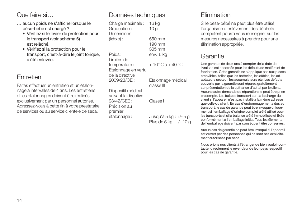 Que faire si, Entretien, Elimination | Garantie, Données techniques | Seca 745 User Manual | Page 14 / 56