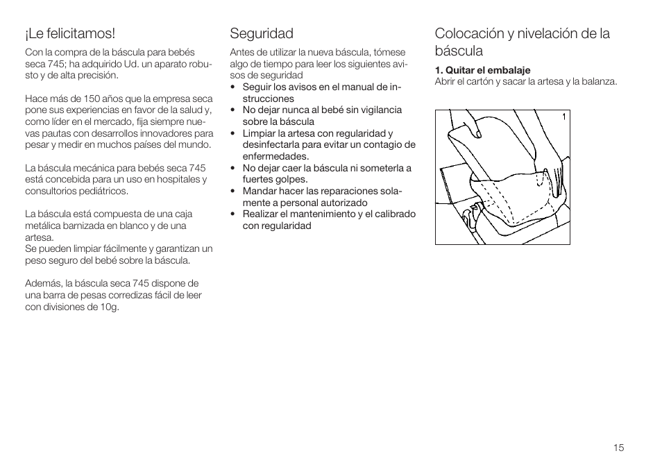 Le felicitamos, Colocación y nivelación de la báscula, Seguridad | Seca 745 User Manual | Page 15 / 56