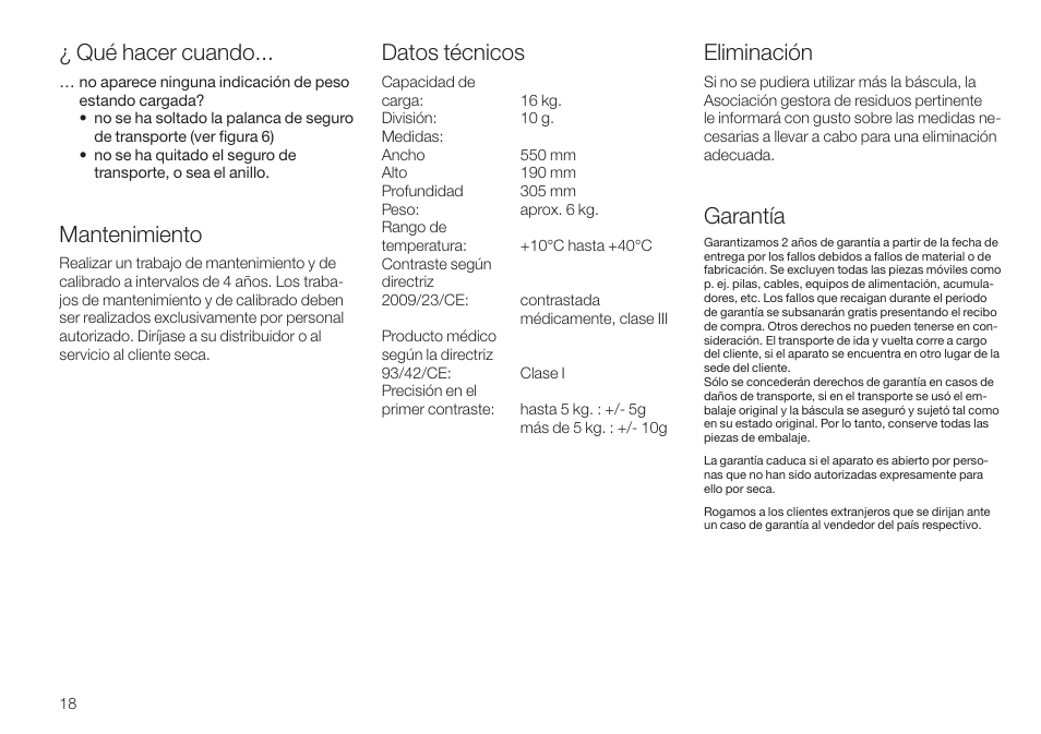 Qué hacer cuando, Mantenimiento, Eliminación | Garantía, Datos técnicos | Seca 745 User Manual | Page 18 / 56