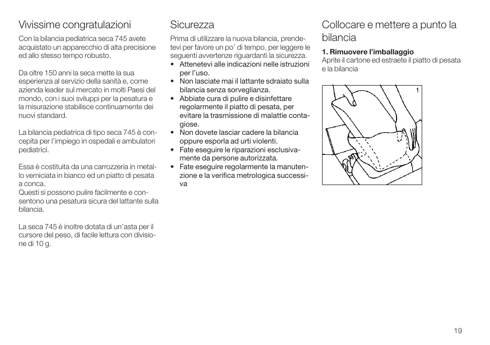 Vivissime congratulazioni, Collocare e mettere a punto la bilancia, Sicurezza | Seca 745 User Manual | Page 19 / 56