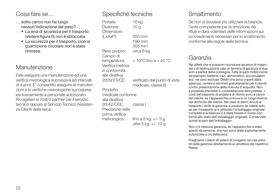 Cosa fare se, Manutenzione, Smaltimento | Garanzia, Specifiche tecniche | Seca 745 User Manual | Page 22 / 56