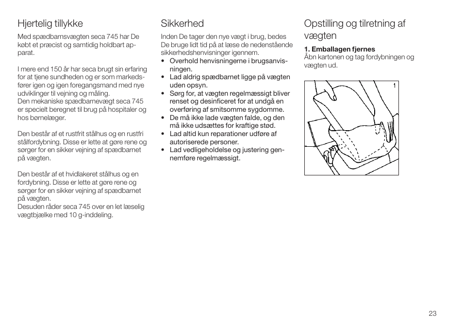 Hjertelig tillykke, Sikkerhed, Opstilling og tilretning af vægten | Seca 745 User Manual | Page 23 / 56