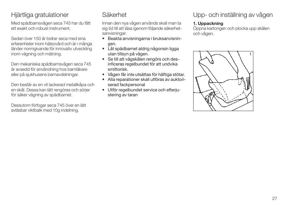 Hjärtliga gratulationer, Upp- och inställning av vågen, Säkerhet | Seca 745 User Manual | Page 27 / 56