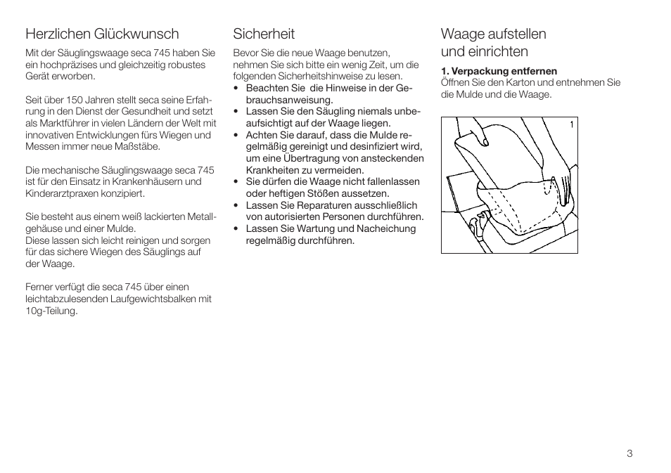 Herzlichen glückwunsch, Waage aufstellen und einrichten, Sicherheit | Seca 745 User Manual | Page 3 / 56