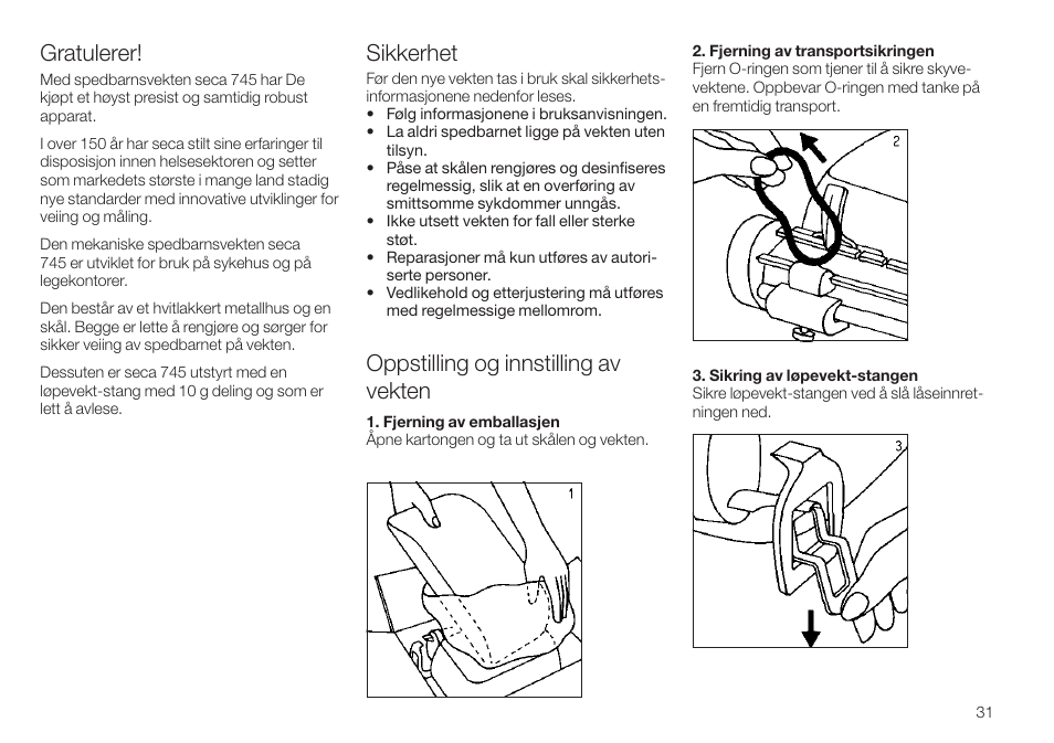 Gratulerer, Sikkerhet, Oppstilling og innstilling av vekten | Seca 745 User Manual | Page 31 / 56