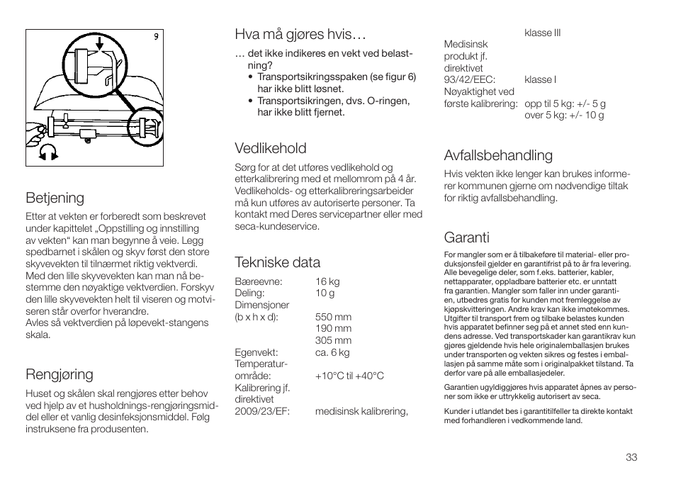 Betjening, Rengjøring, Hva må gjøres hvis | Vedlikehold, Tekniske data, Avfallsbehandling, Garanti | Seca 745 User Manual | Page 33 / 56