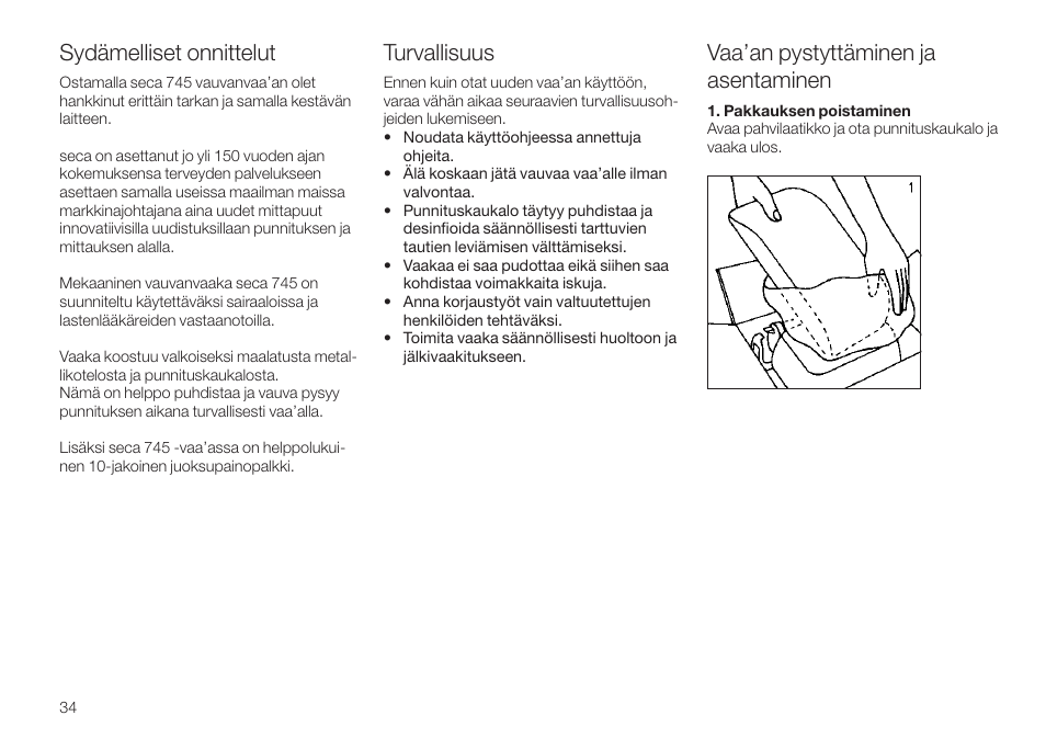Sydämelliset onnittelut, Vaa’an pystyttäminen ja asentaminen, Turvallisuus | Seca 745 User Manual | Page 34 / 56