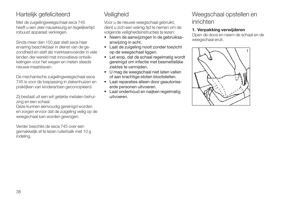 Hartelijk gefeliciteerd, Weegschaal opstellen en inrichten, Veiligheid | Seca 745 User Manual | Page 38 / 56