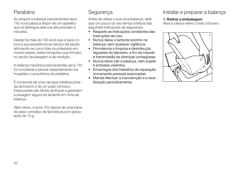 Parabéns, Instalar e preparar a balança, Segurança | Seca 745 User Manual | Page 42 / 56