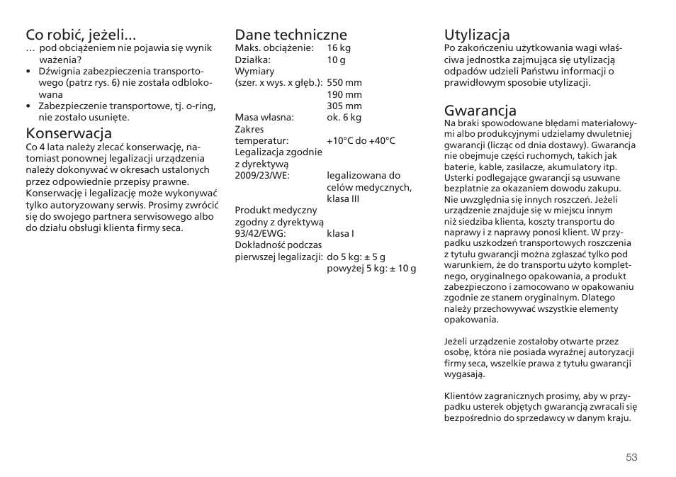 Co robić, jeżeli, Konserwacja, Dane techniczne | Utylizacja, Gwarancja | Seca 745 User Manual | Page 53 / 56