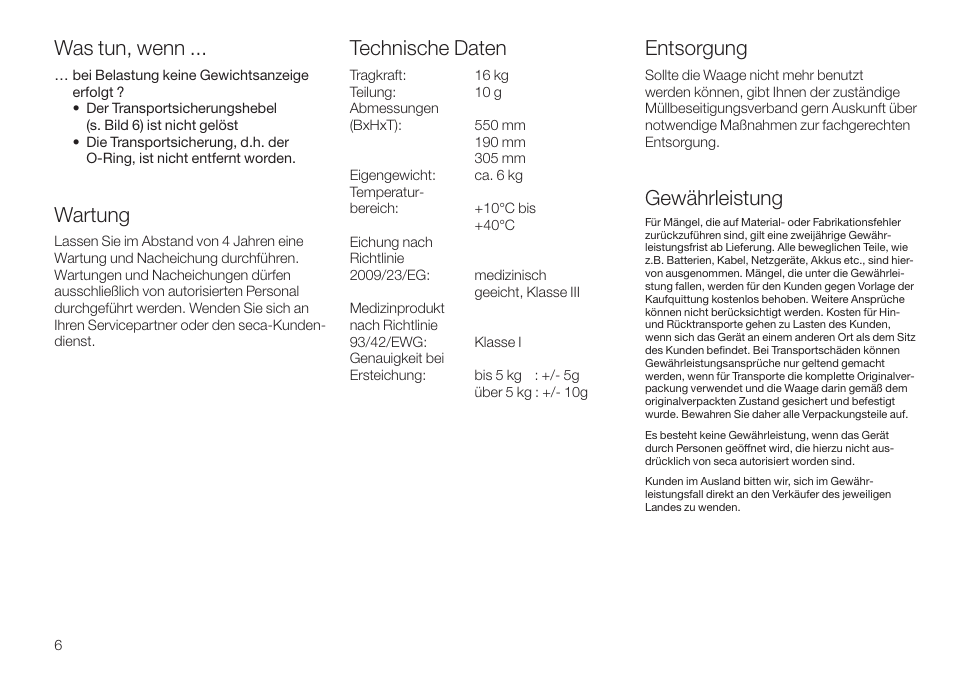 Was tun, wenn, Wartung, Technische daten | Entsorgung, Gewährleistung | Seca 745 User Manual | Page 6 / 56