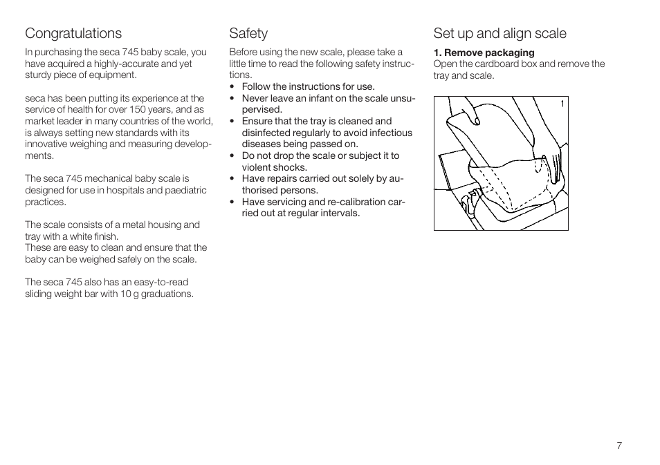 Set up and align scale, Safety | Seca 745 User Manual | Page 7 / 56