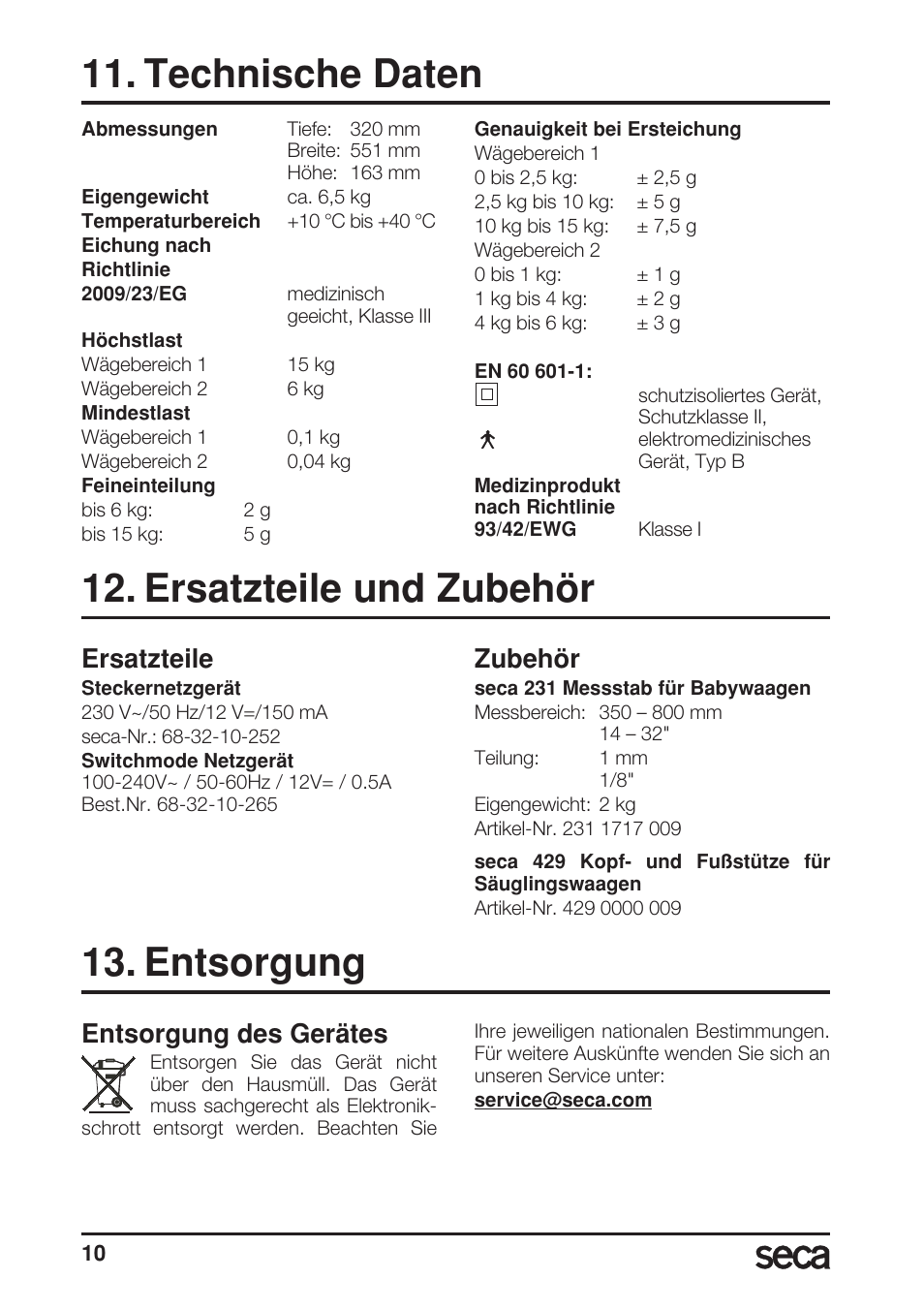 Technische daten, Ersatzteile und zubehör, Ersatzteile | Zubehör, Entsorgung, Entsorgung des gerätes | Seca 717A User Manual | Page 10 / 136