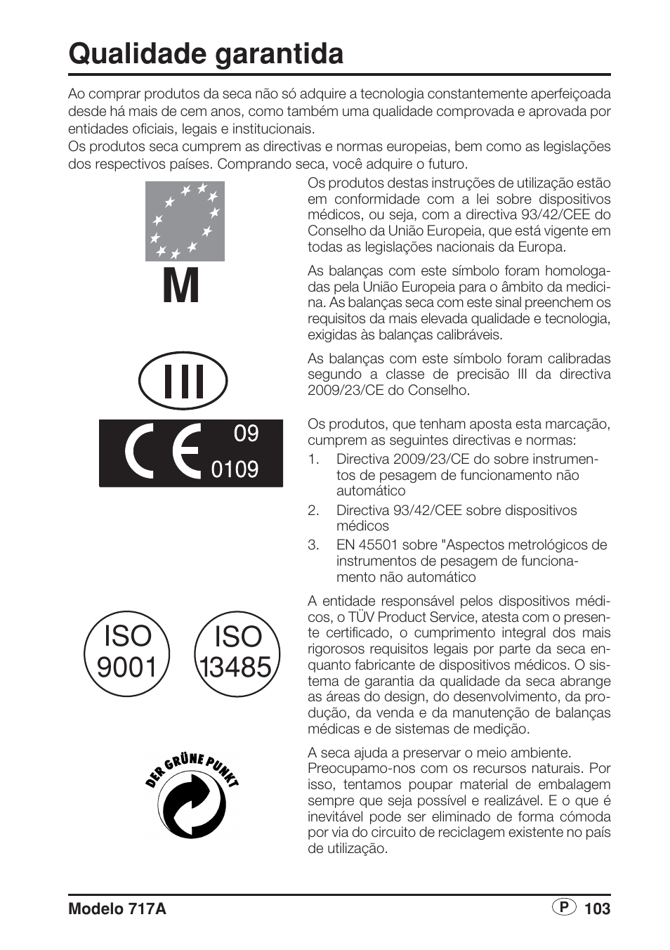 Português, Qualidade garantida | Seca 717A User Manual | Page 103 / 136