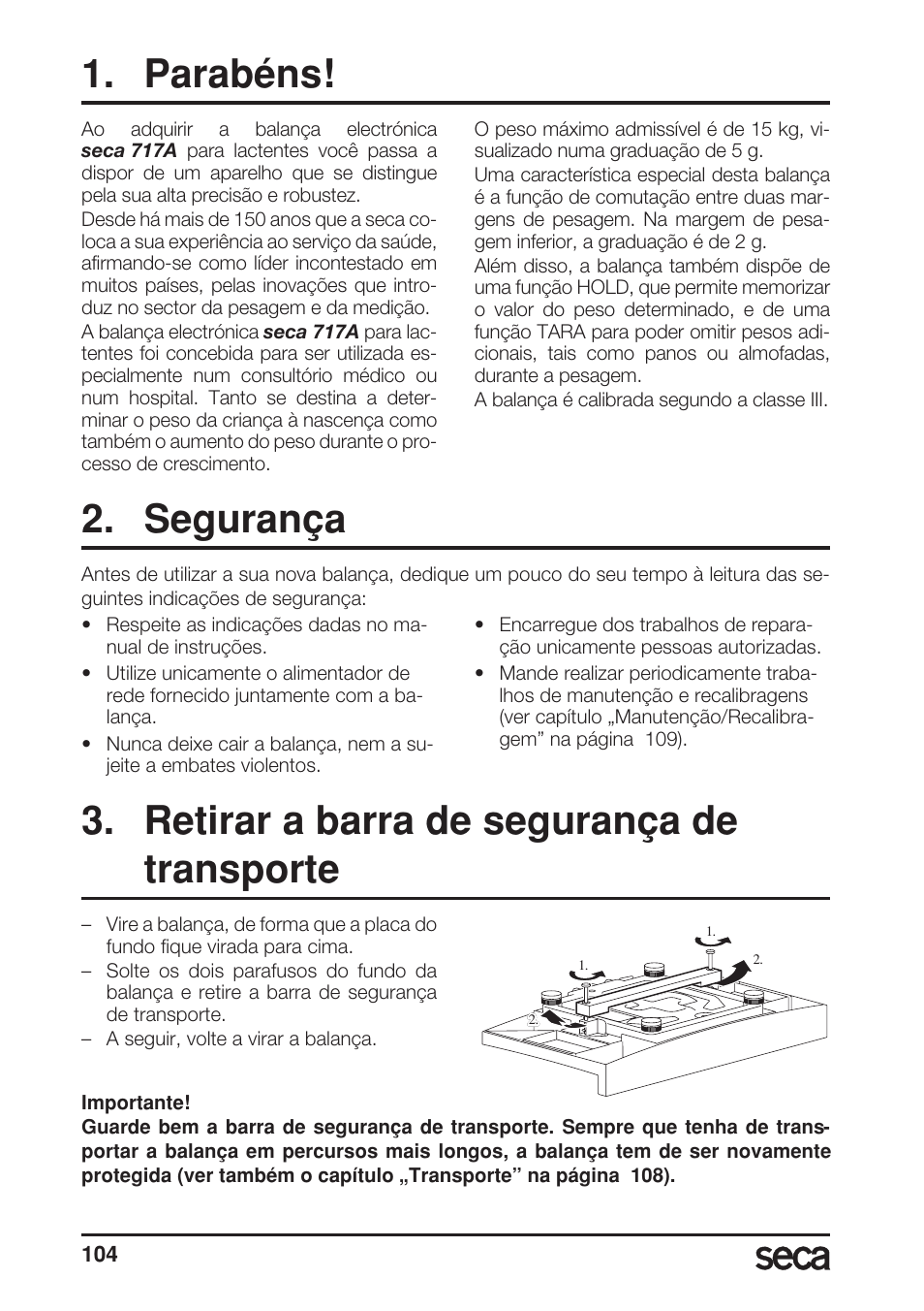 Parabéns, Segurança, Retirar a barra de segurança de transporte | Seca 717A User Manual | Page 104 / 136