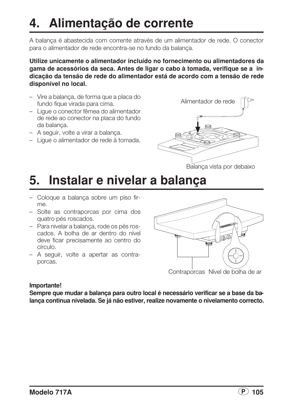 Alimentação de corrente, Instalar e nivelar a balança | Seca 717A User Manual | Page 105 / 136