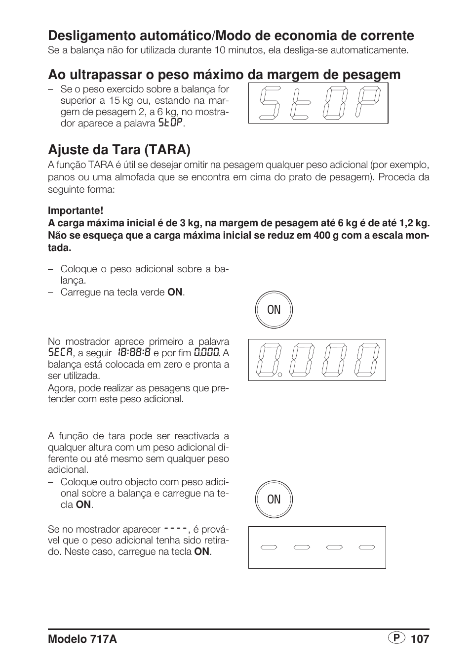 Ao ultrapassar o peso máximo da margem de pesagem, Ajuste da tara (tara) | Seca 717A User Manual | Page 107 / 136