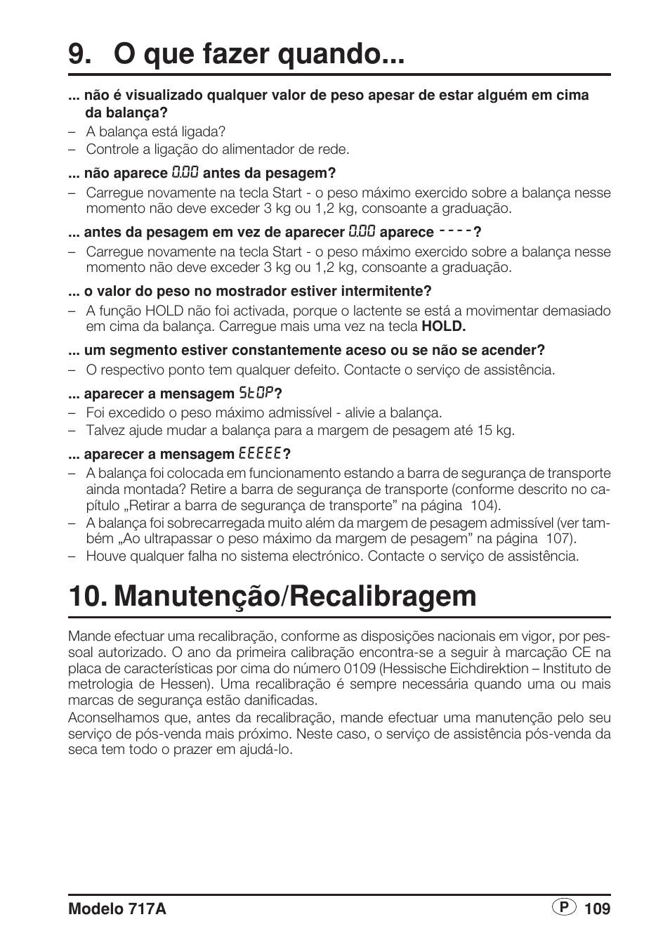 O que fazer quando, Manutenção/recalibragem | Seca 717A User Manual | Page 109 / 136