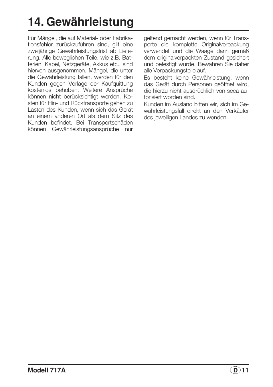 Gewährleistung | Seca 717A User Manual | Page 11 / 136
