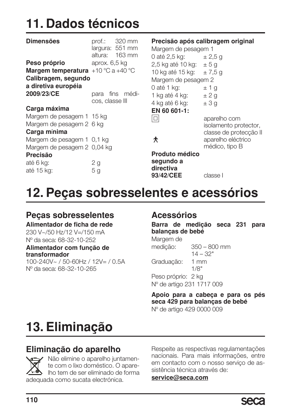 Dados técnicos, Peças sobresselentes e acessórios, Peças sobresselentes | Acessórios, Eliminação, Eliminação do aparelho | Seca 717A User Manual | Page 110 / 136