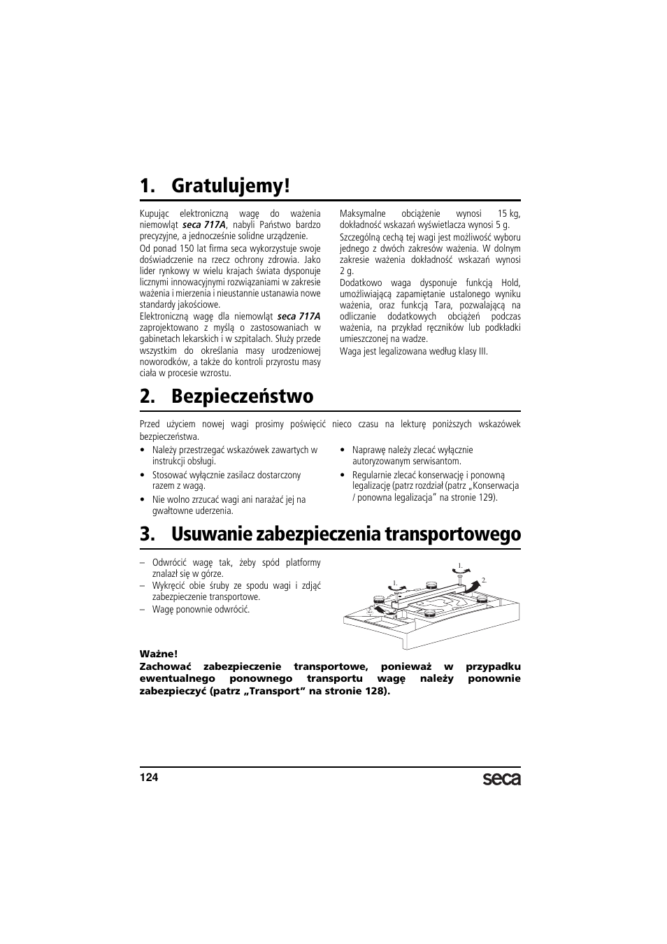 Gratulujemy, Bezpieczeństwo, Usuwanie zabezpieczenia transportowego | Seca 717A User Manual | Page 124 / 136