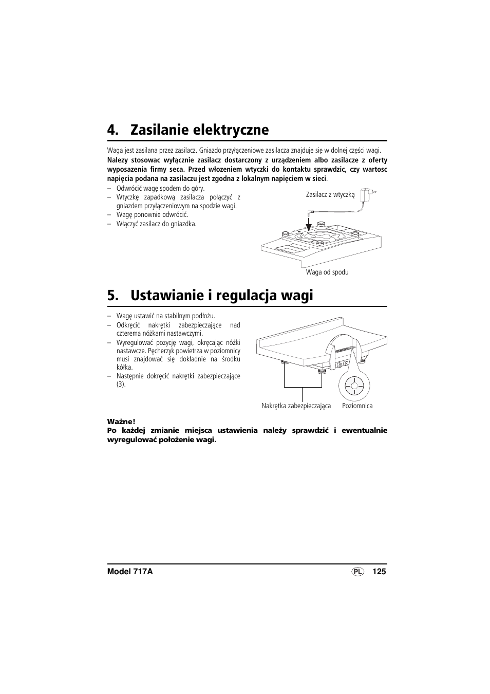 Zasilanie elektryczne, Ustawianie i regulacja wagi | Seca 717A User Manual | Page 125 / 136