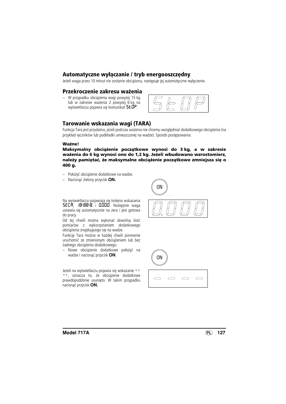 Automatyczne wyłączanie / tryb energooszczędny, Przekroczenie zakresu ważenia, Tarowanie wskazania wagi (tara) | Seca 717A User Manual | Page 127 / 136