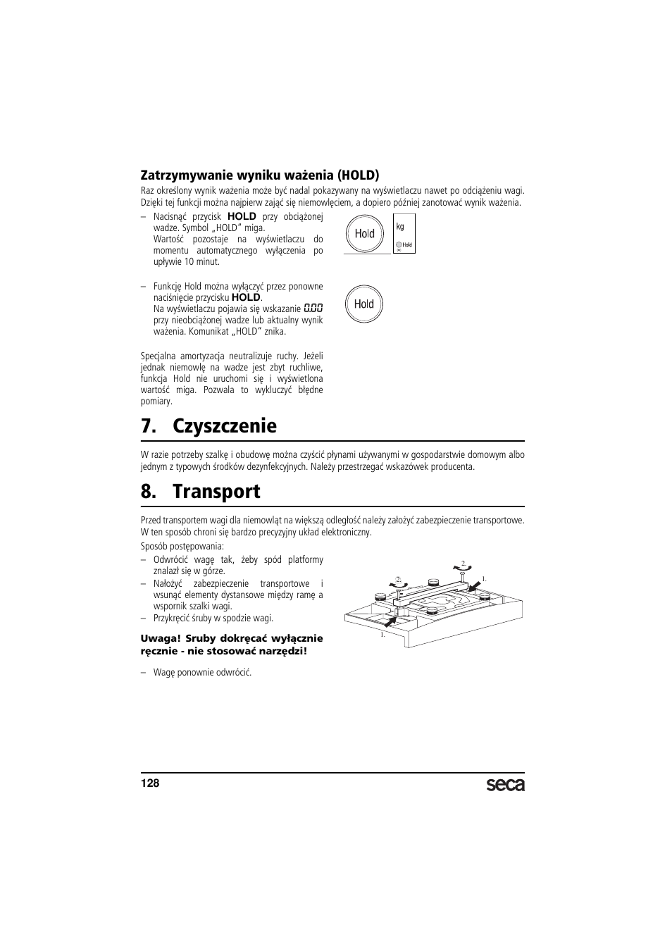 Zatrzymywanie wyniku ważenia (hold), Czyszczenie, Transport | Seca 717A User Manual | Page 128 / 136