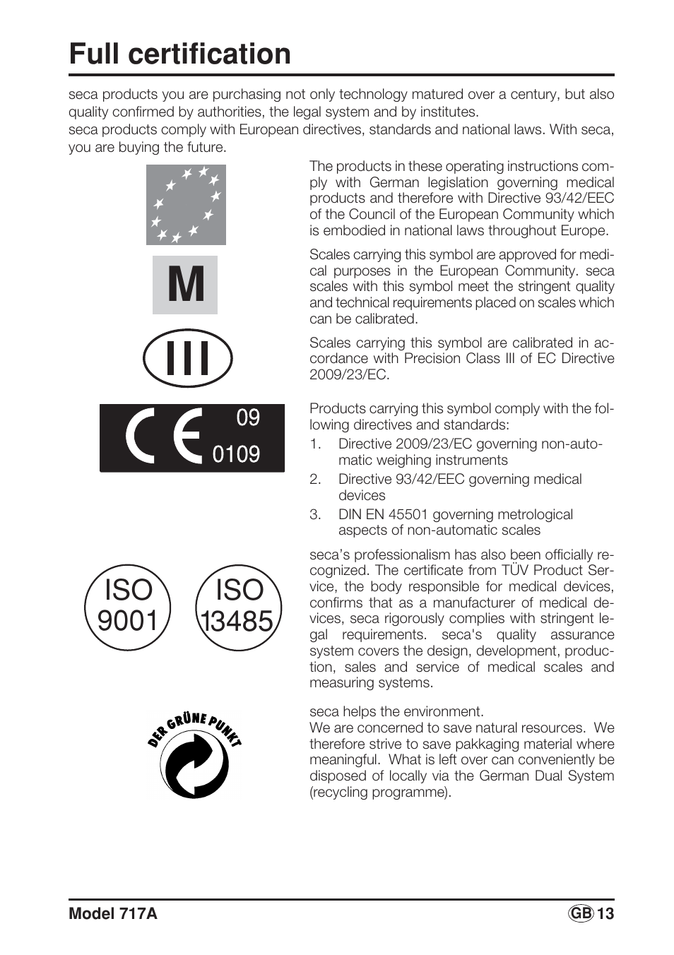 English, Full certification | Seca 717A User Manual | Page 13 / 136