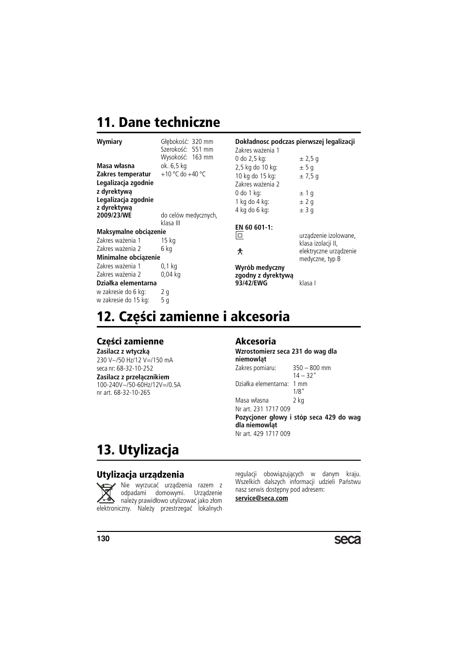 Dane techniczne, Części zamienne i akcesoria, Części zamienne | Akcesoria, Utylizacja, Utylizacja urządzenia | Seca 717A User Manual | Page 130 / 136
