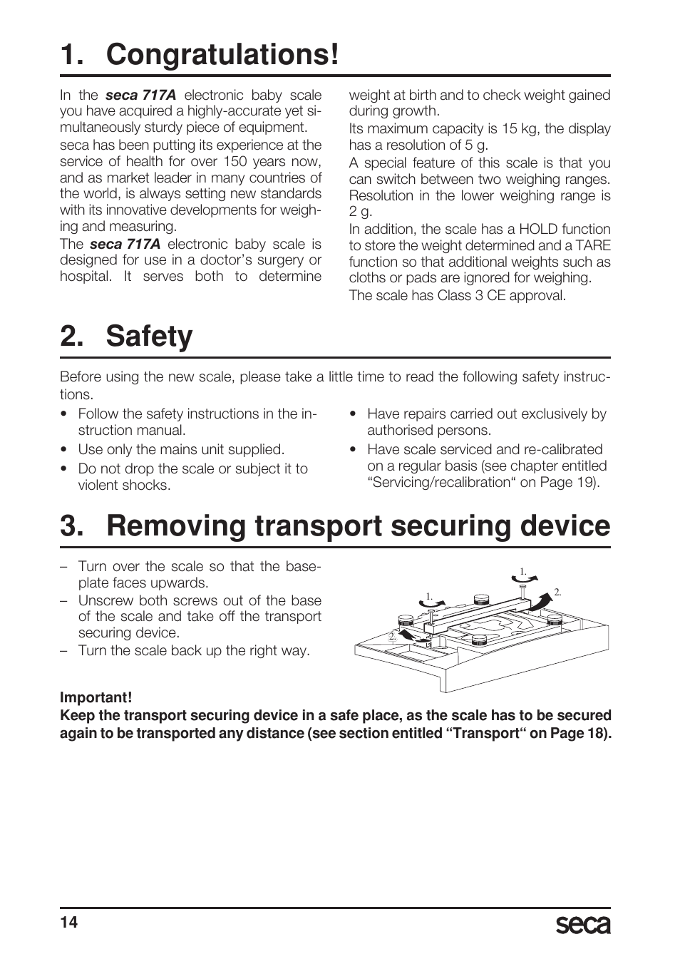 Congratulations, Safety, Removing transport securing device | Seca 717A User Manual | Page 14 / 136