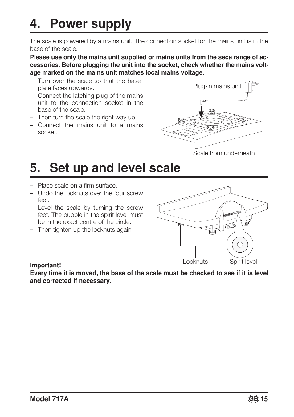 Power supply, Set up and level scale | Seca 717A User Manual | Page 15 / 136