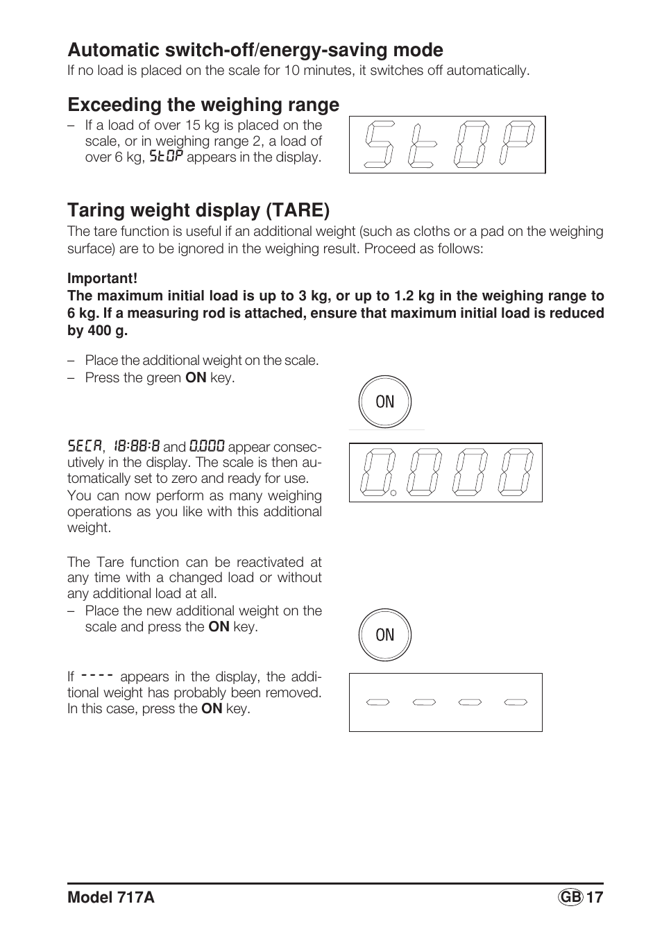 Automatic switch-off/energy-saving mode, Exceeding the weighing range, Taring weight display (tare) | Seca 717A User Manual | Page 17 / 136