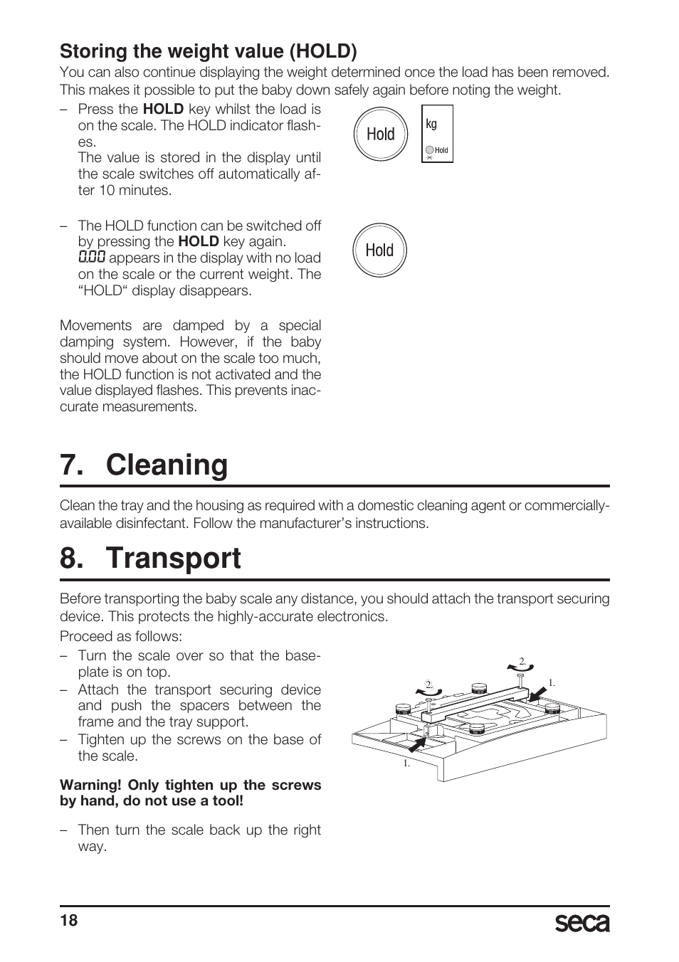Storing the weight value (hold), Cleaning, Transport | Seca 717A User Manual | Page 18 / 136