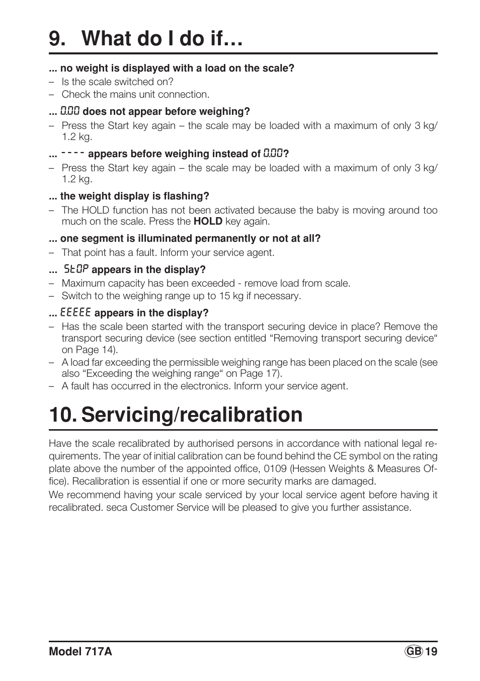 What do i do if, Servicing/recalibration | Seca 717A User Manual | Page 19 / 136