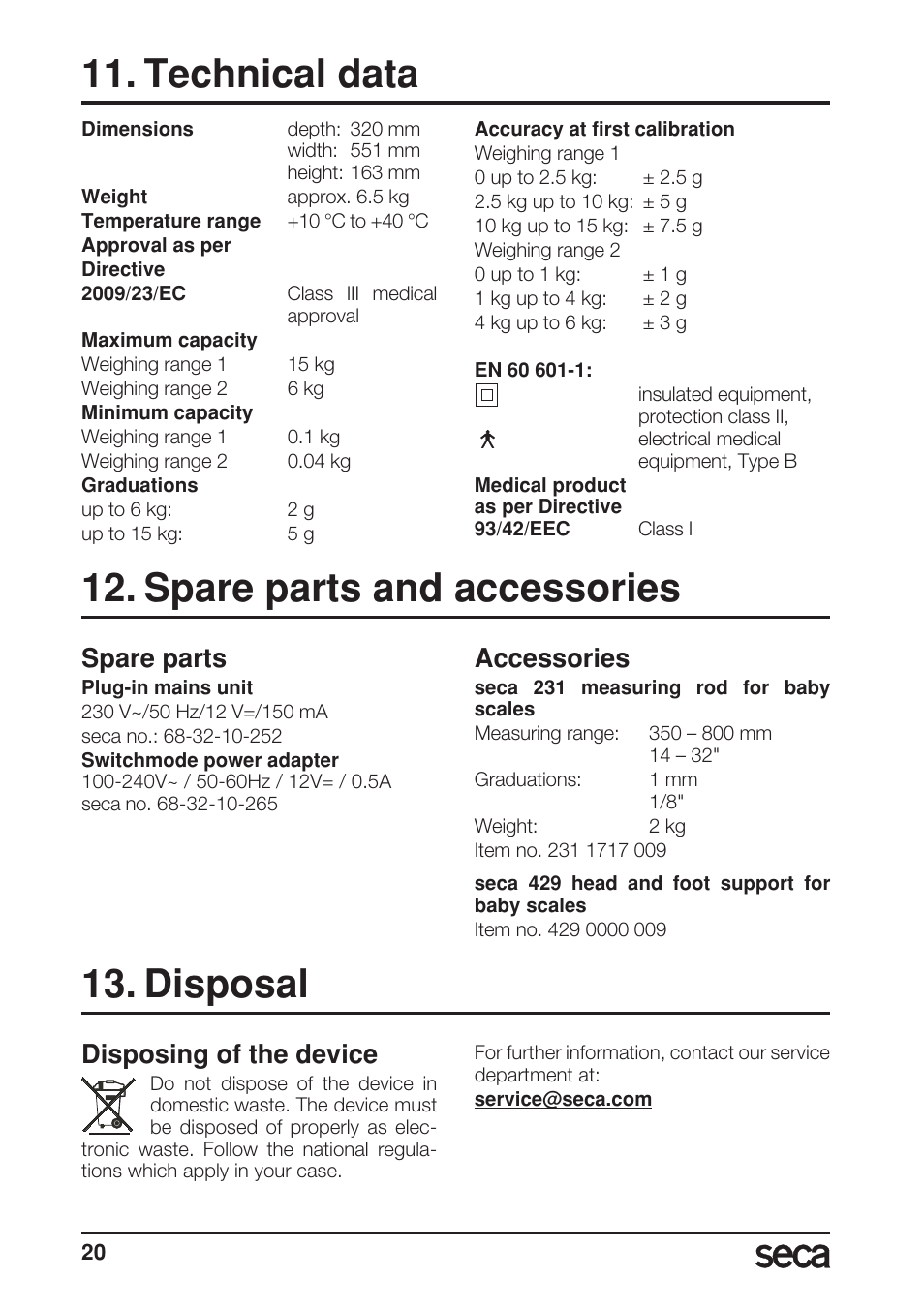 Technical data, Spare parts and accessories, Spare parts | Accessories, Disposal, Disposing of the device | Seca 717A User Manual | Page 20 / 136