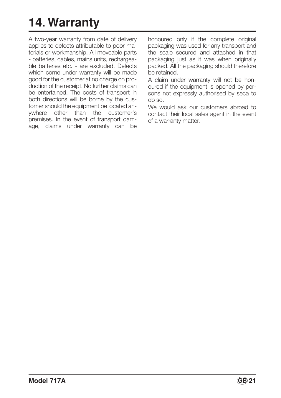 Warranty | Seca 717A User Manual | Page 21 / 136