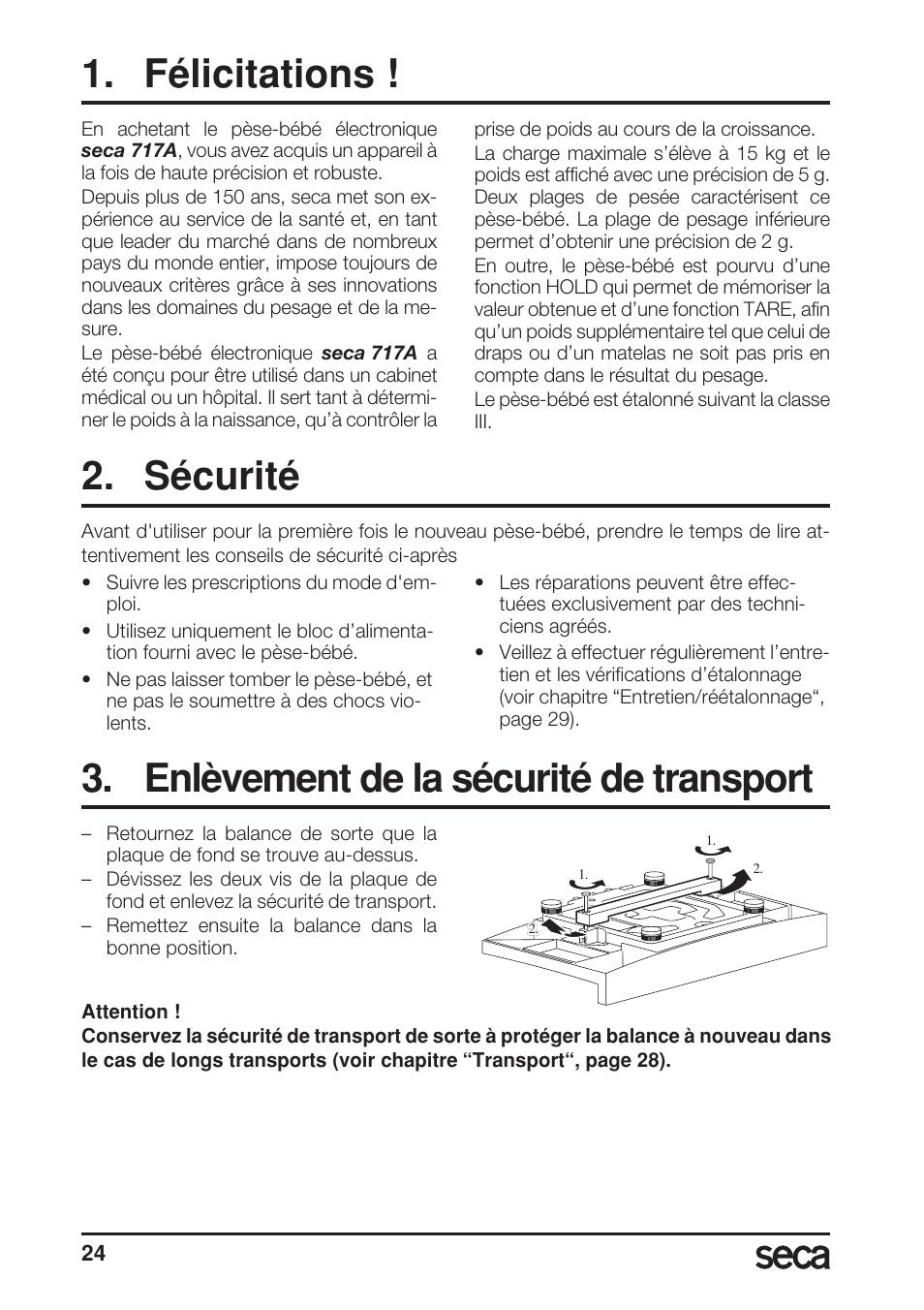 Félicitations, Sécurité, Enlèvement de la sécurité de transport | Seca 717A User Manual | Page 24 / 136