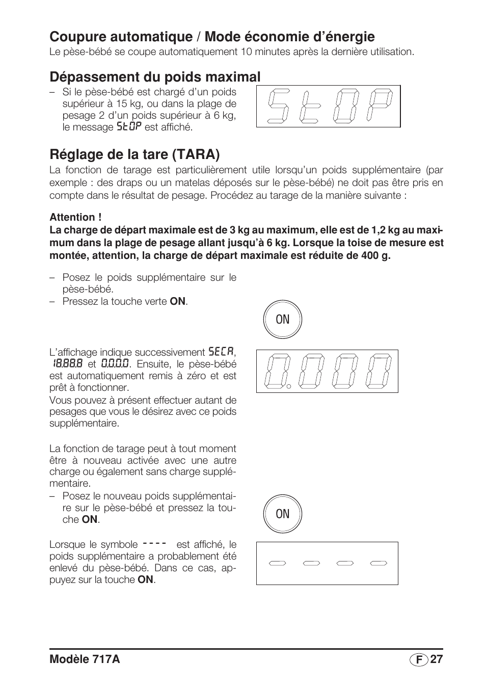 Coupure automatique / mode économie d’énergie, Dépassement du poids maximal, Réglage de la tare (tara) | Seca 717A User Manual | Page 27 / 136