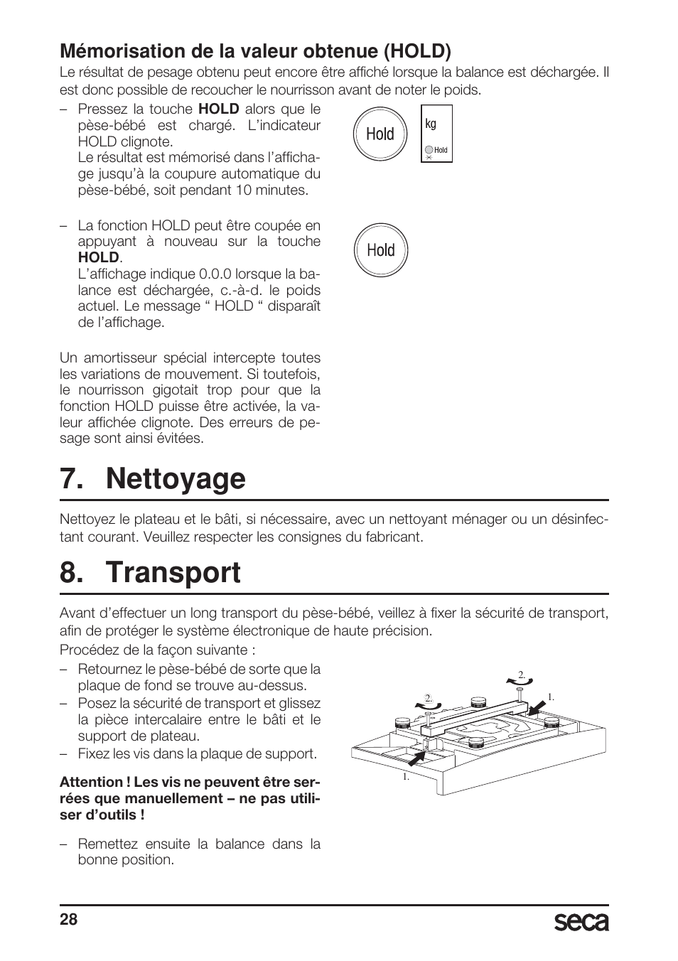 Mémorisation de la valeur obtenue (hold), Nettoyage, Transport | Seca 717A User Manual | Page 28 / 136