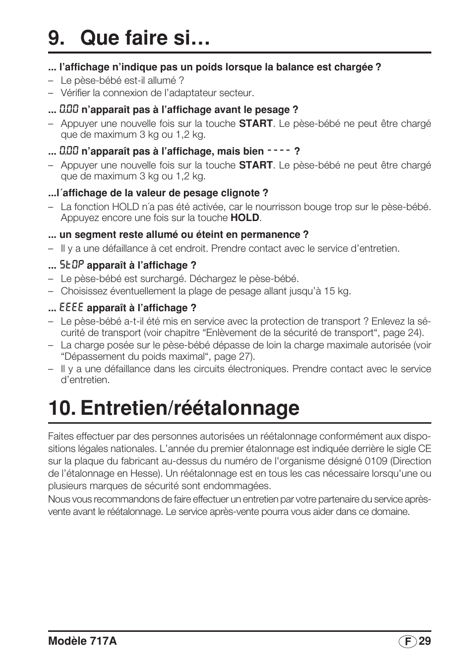 Que faire si, Entretien/réétalonnage | Seca 717A User Manual | Page 29 / 136