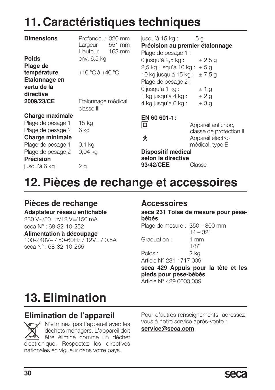 Caractéristiques techniques, Pièces de rechange et accessoires, Pièces de rechange | Accessoires, Elimination, Elimination de l’appareil | Seca 717A User Manual | Page 30 / 136