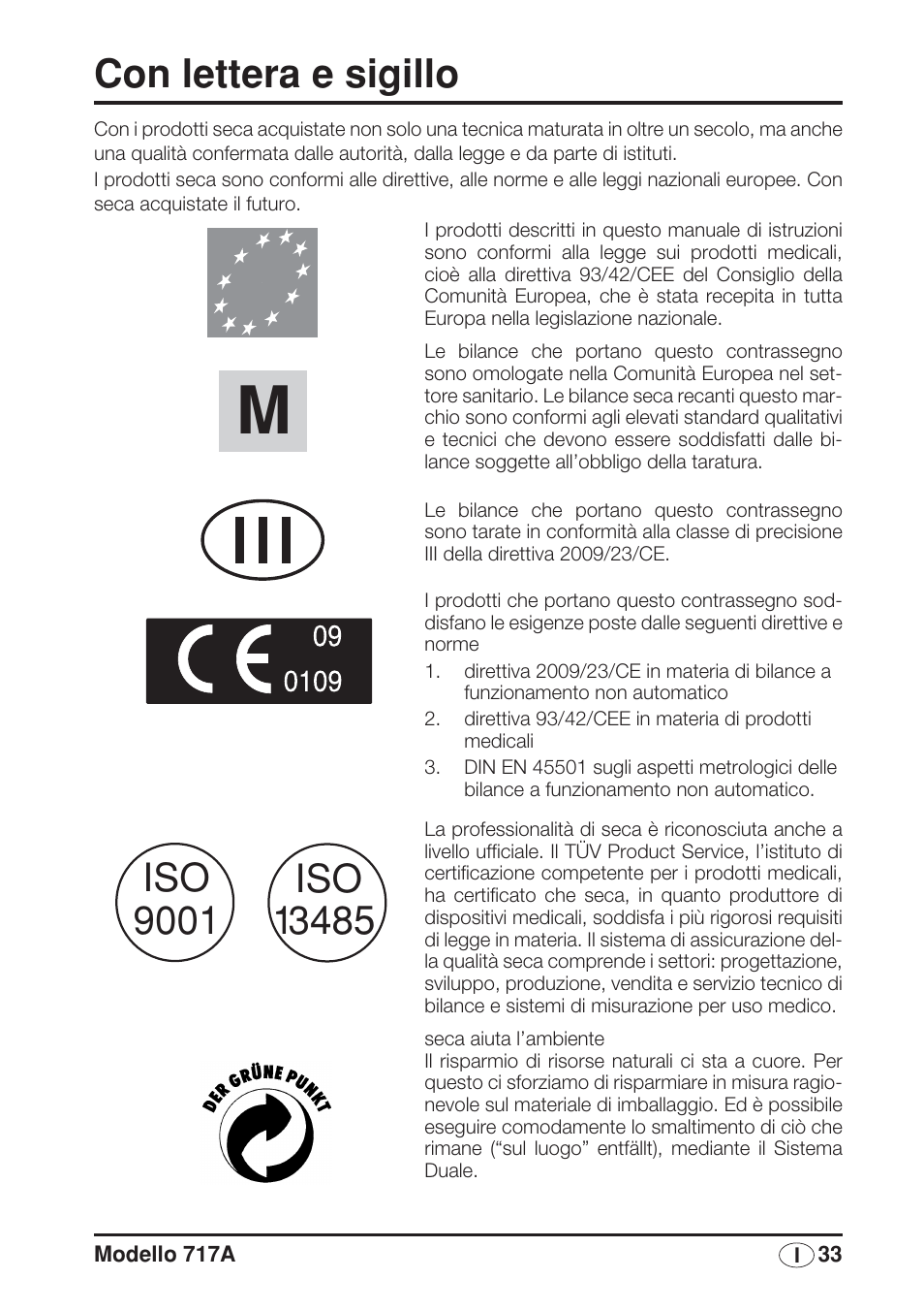 Italiano, Con lettera e sigillo | Seca 717A User Manual | Page 33 / 136
