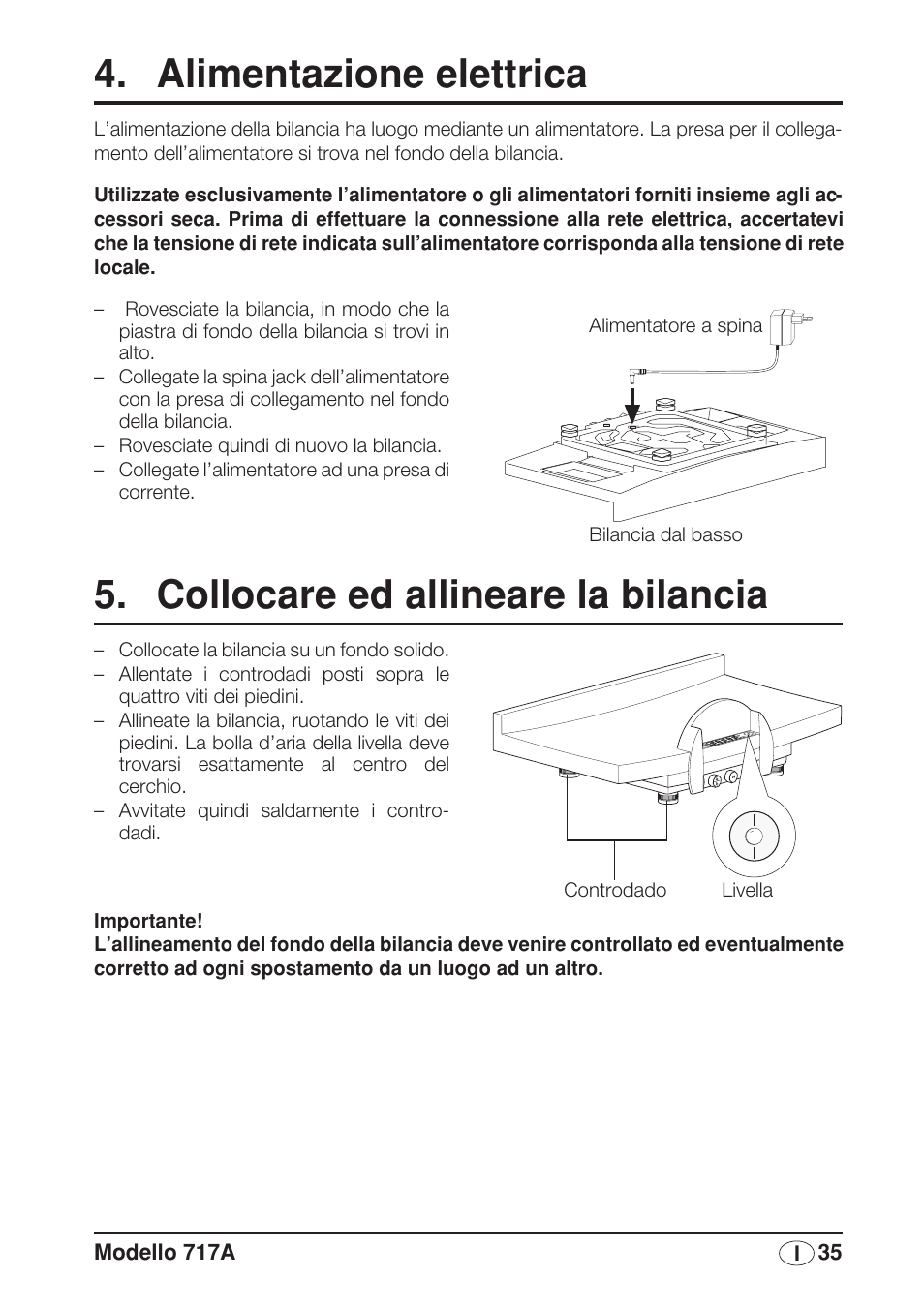 Alimentazione elettrica, Collocare ed allineare la bilancia | Seca 717A User Manual | Page 35 / 136